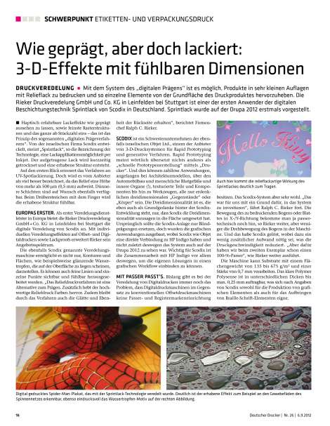 Artikel: Wie geprägt, aber doch lackiert: 3-D-Effekte mit fühlbaren Dimensionen. 
